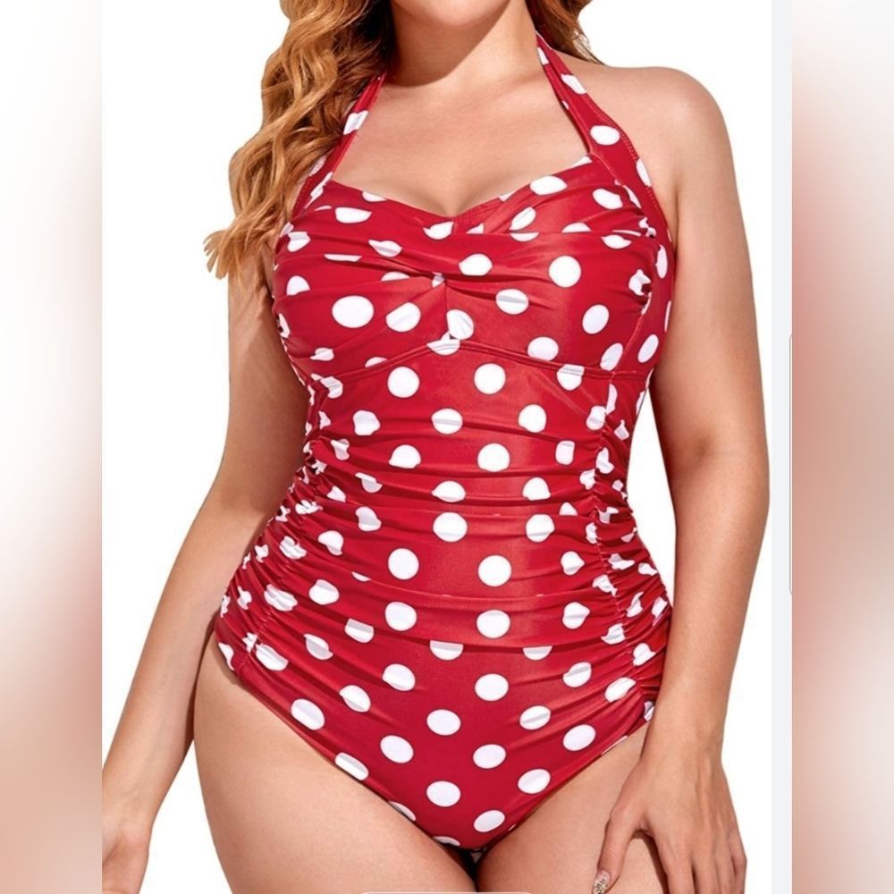 YONIQUE Womens Red & White Polka Dot Convertible Pin Up Swimsuit NWT Plus Sz. 22